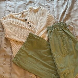 Cozy Cream Waffle Knit Top with Green Cargo Pants
